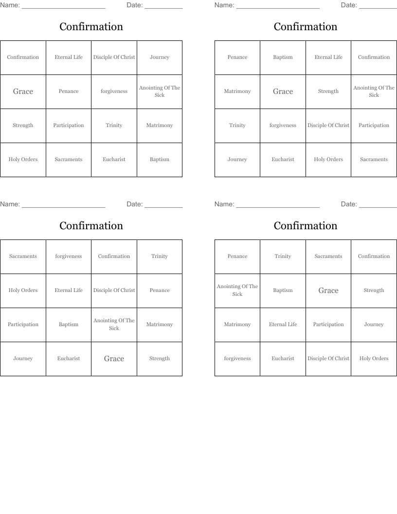 Confirmation Bingo Cards