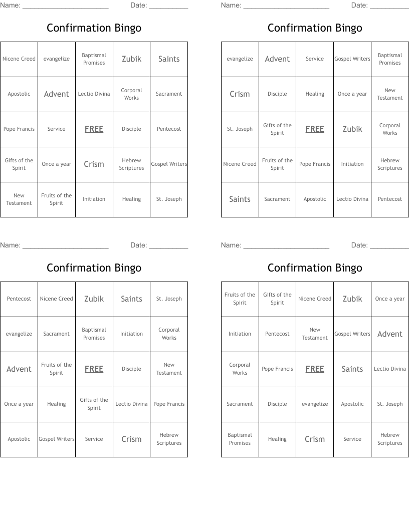 Confirmation Bingo