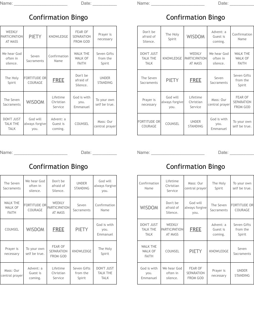 Confirmation Bingo