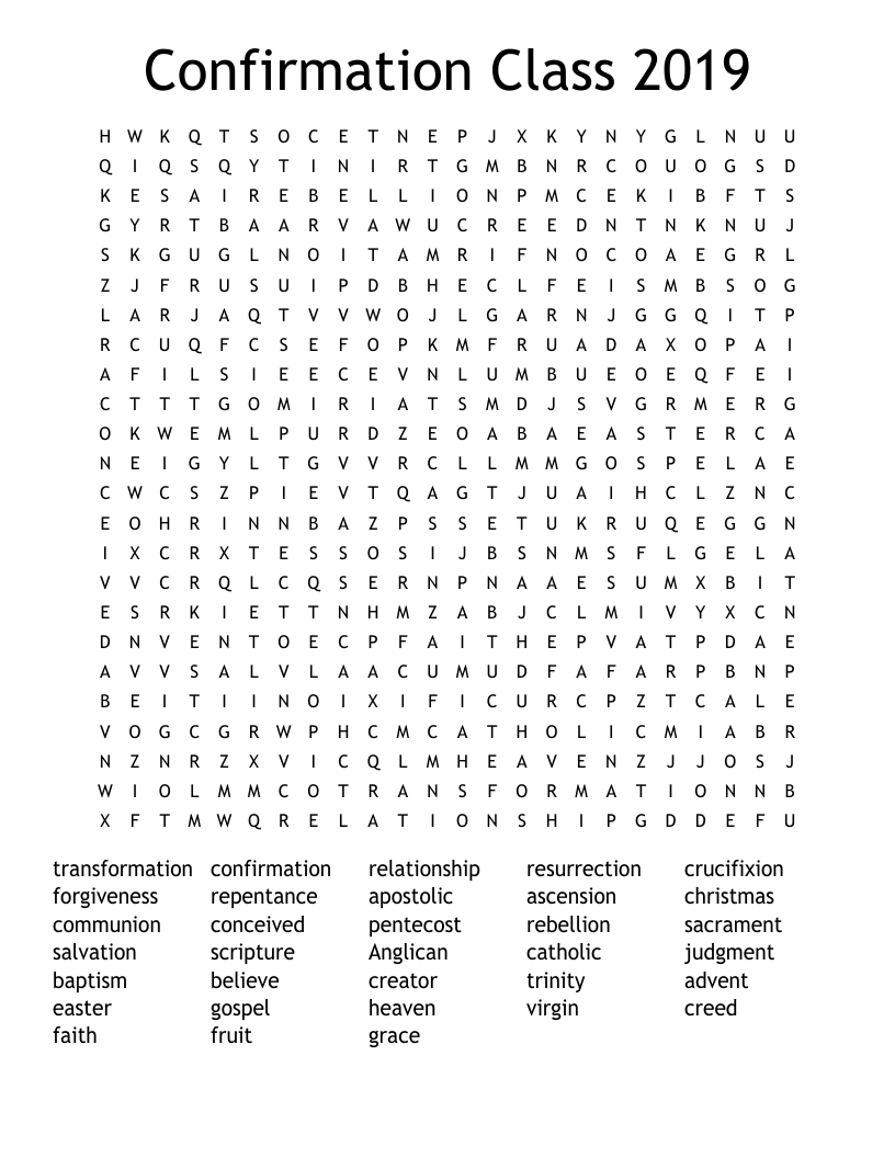 Confirmation Class 2019 Word Search