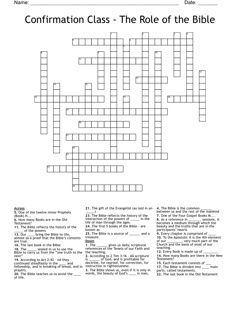 Confirmation Class - The Role of the Bible Crossword