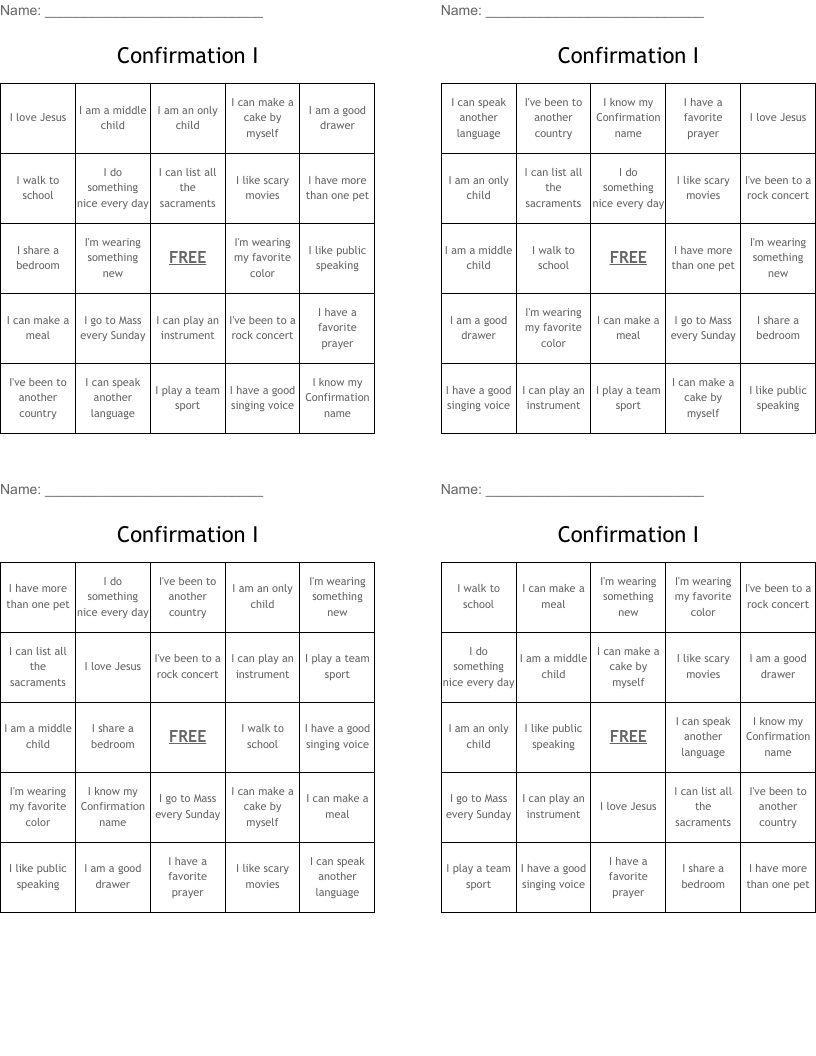 Confirmation I Bingo Cards