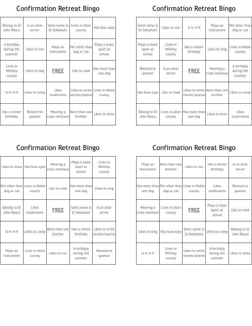 Confirmation Retreat Bingo