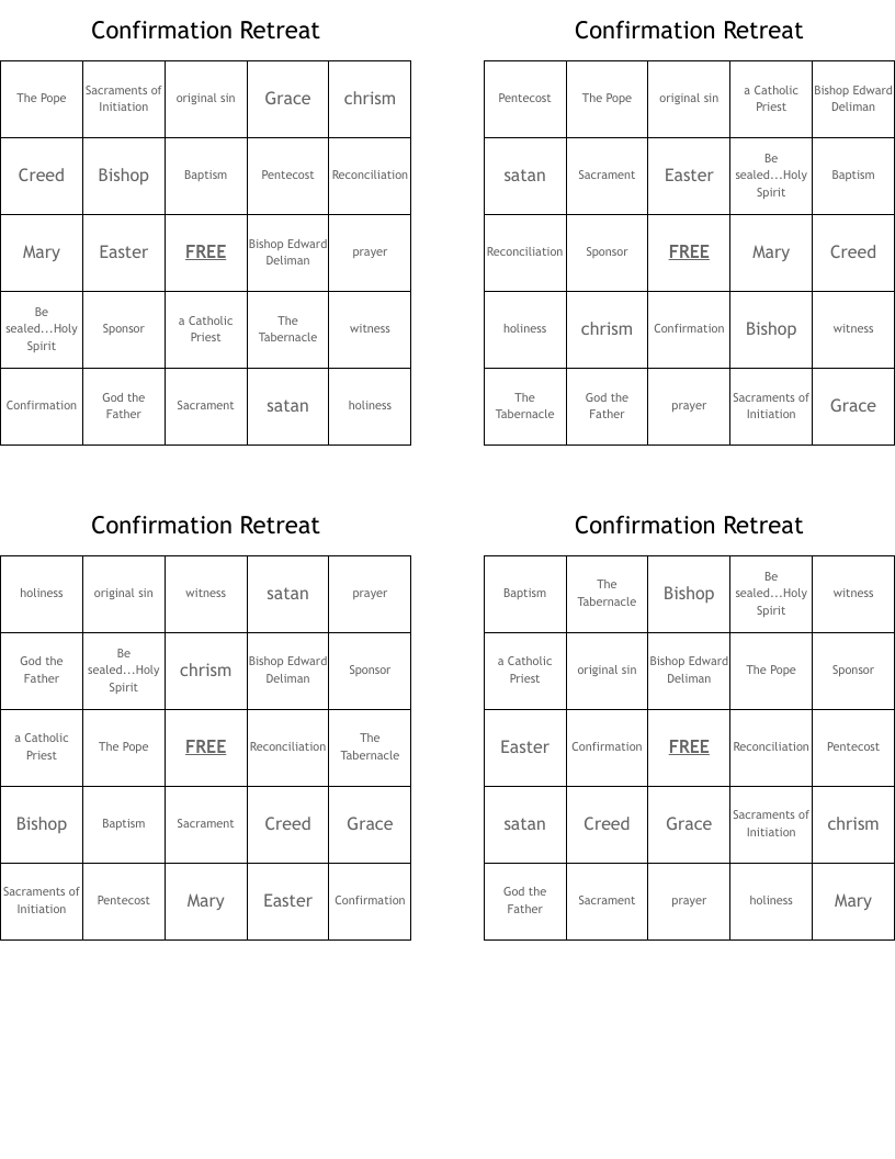 Confirmation Retreat  Bingo Cards