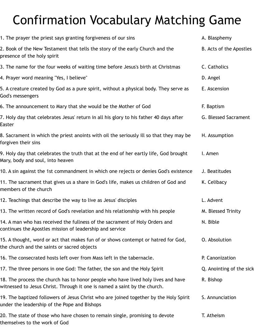 Confirmation Vocabulary Matching Game Worksheet