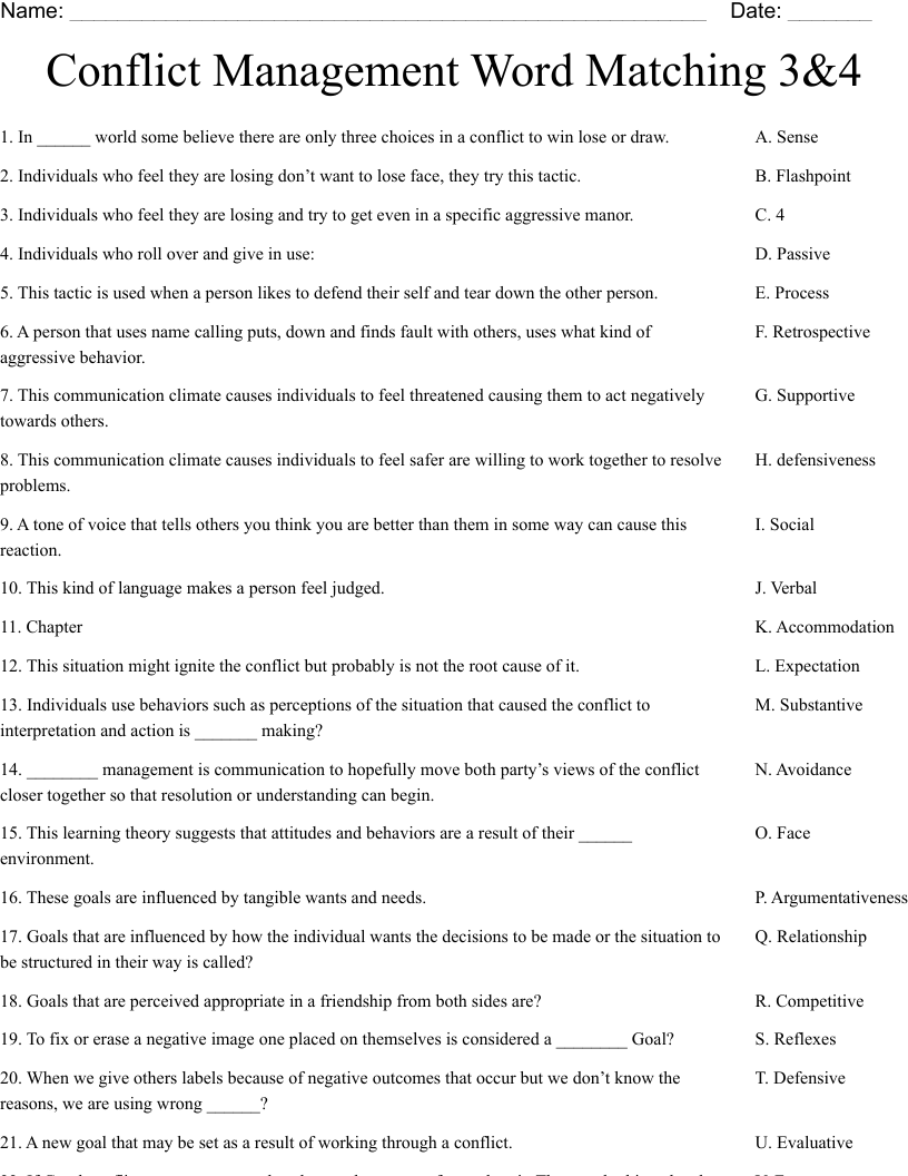 Conflict Management Word Matching 3&4 Worksheet