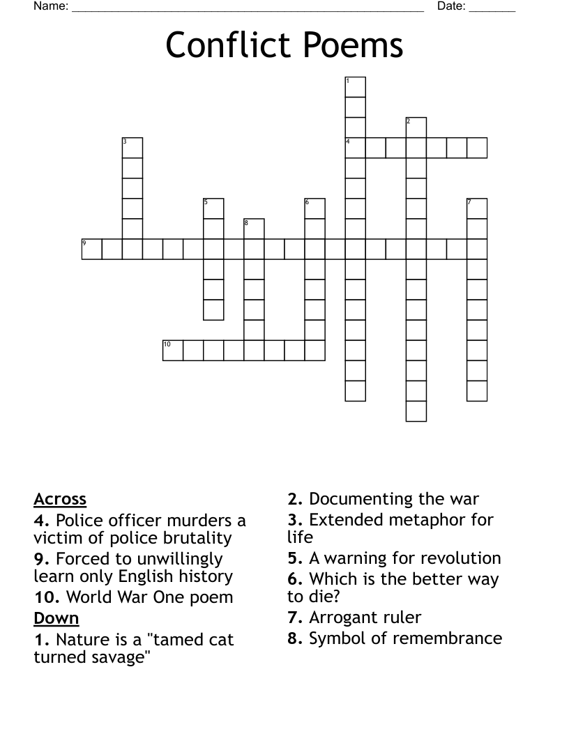 Conflict Poems Crossword