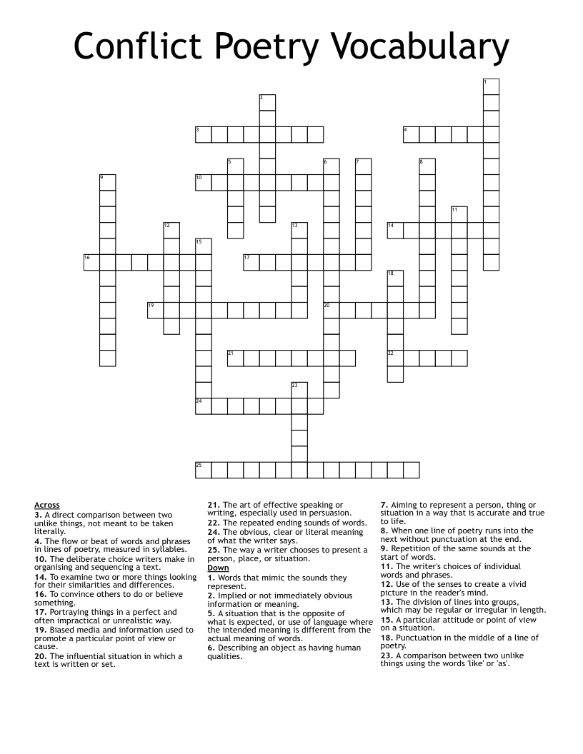 Conflict Poetry Vocabulary Crossword