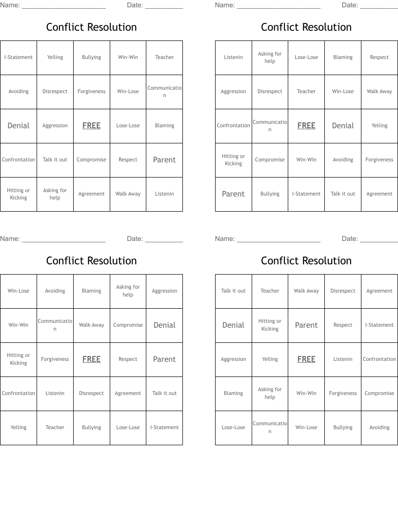 Conflict Resolution Bingo Cards