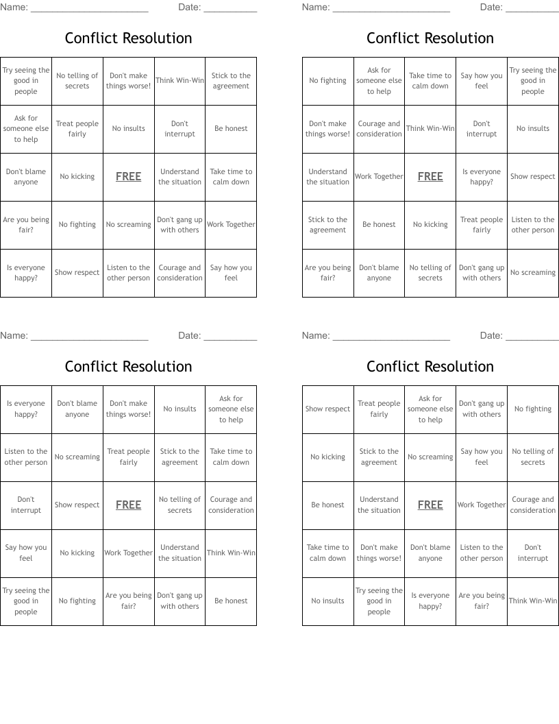 Conflict Resolution  Bingo Cards