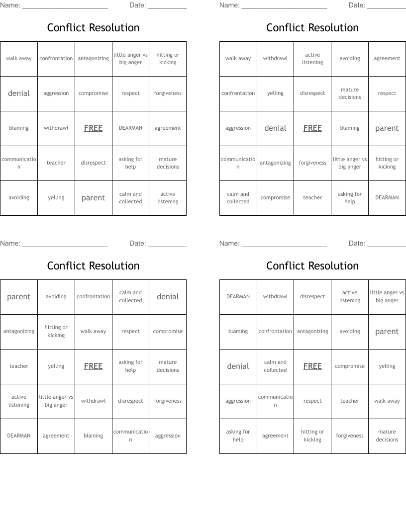 Conflict Resolution  Bingo Cards