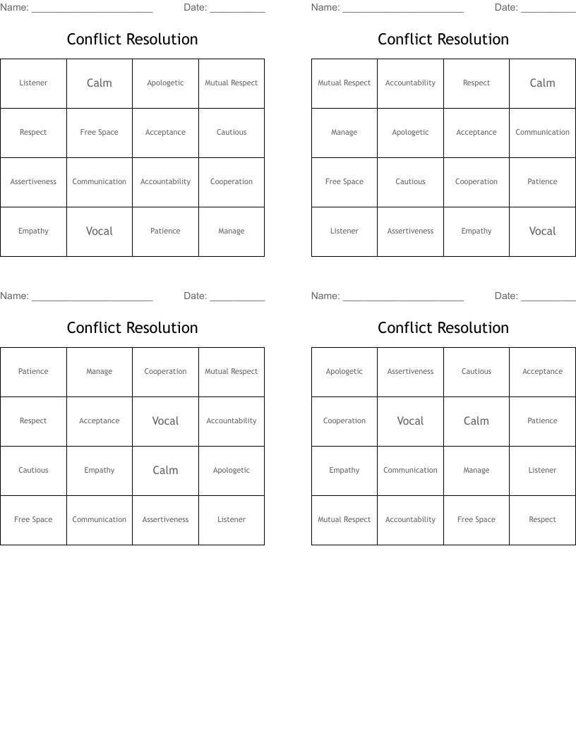 Conflict Resolution  Bingo Cards
