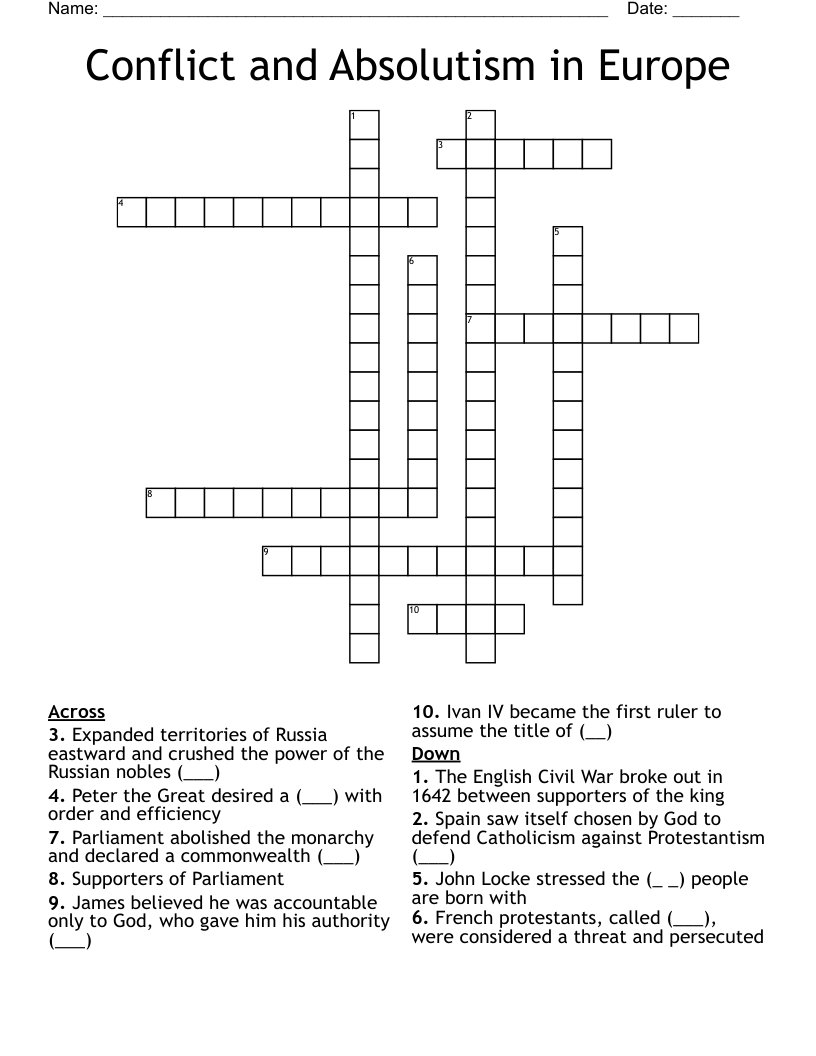 Conflict and Absolutism in Europe Crossword