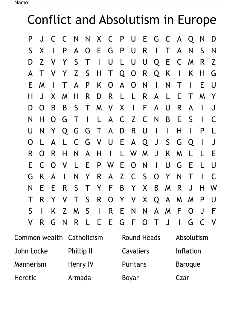Conflict and Absolutism in Europe  Word Search