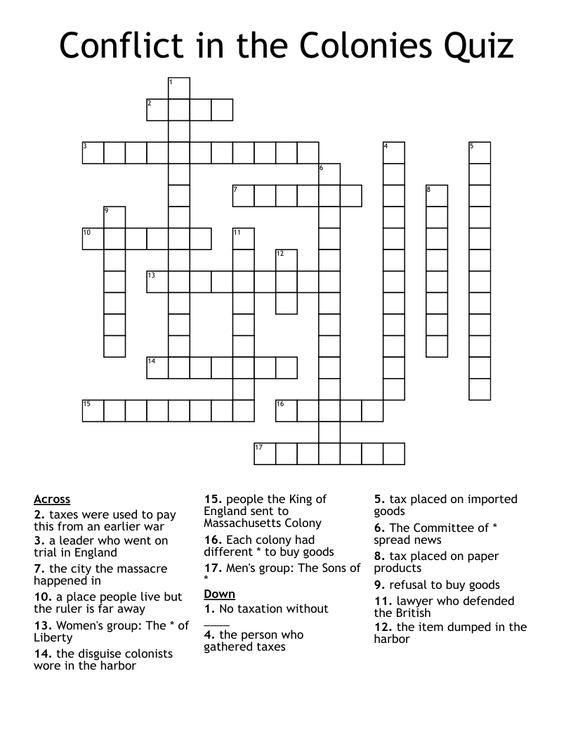 Conflict in the Colonies Quiz Crossword
