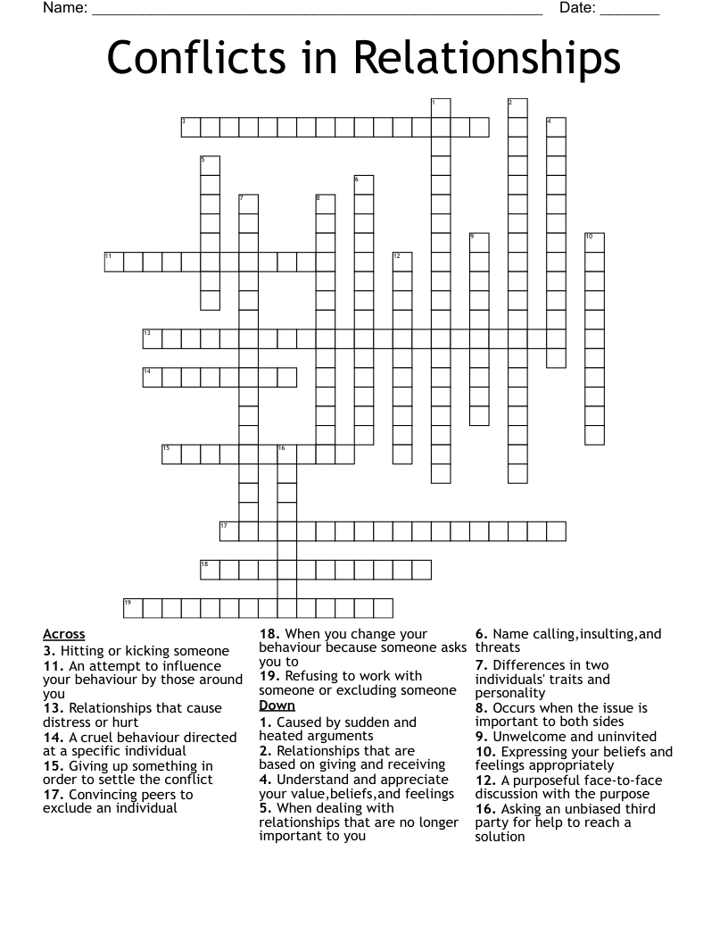 Conflicts in Relationships Crossword