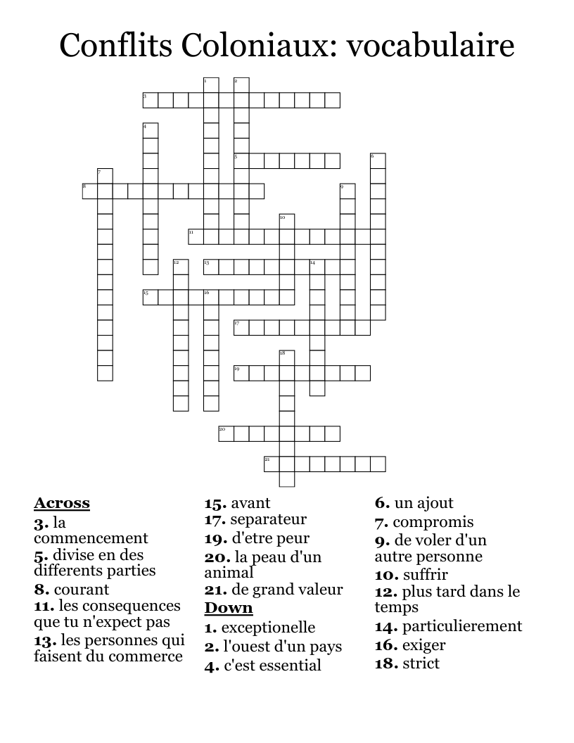 Conflits Coloniaux: vocabulaire Crossword