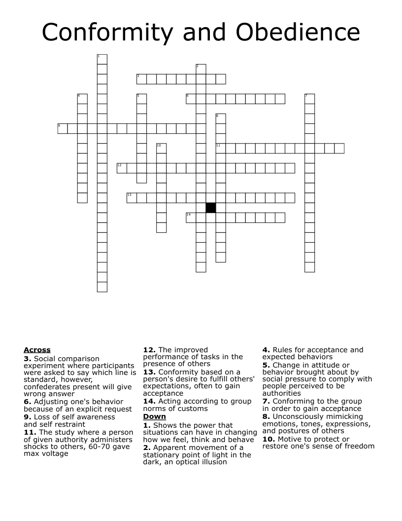Conformity and Obedience Crossword