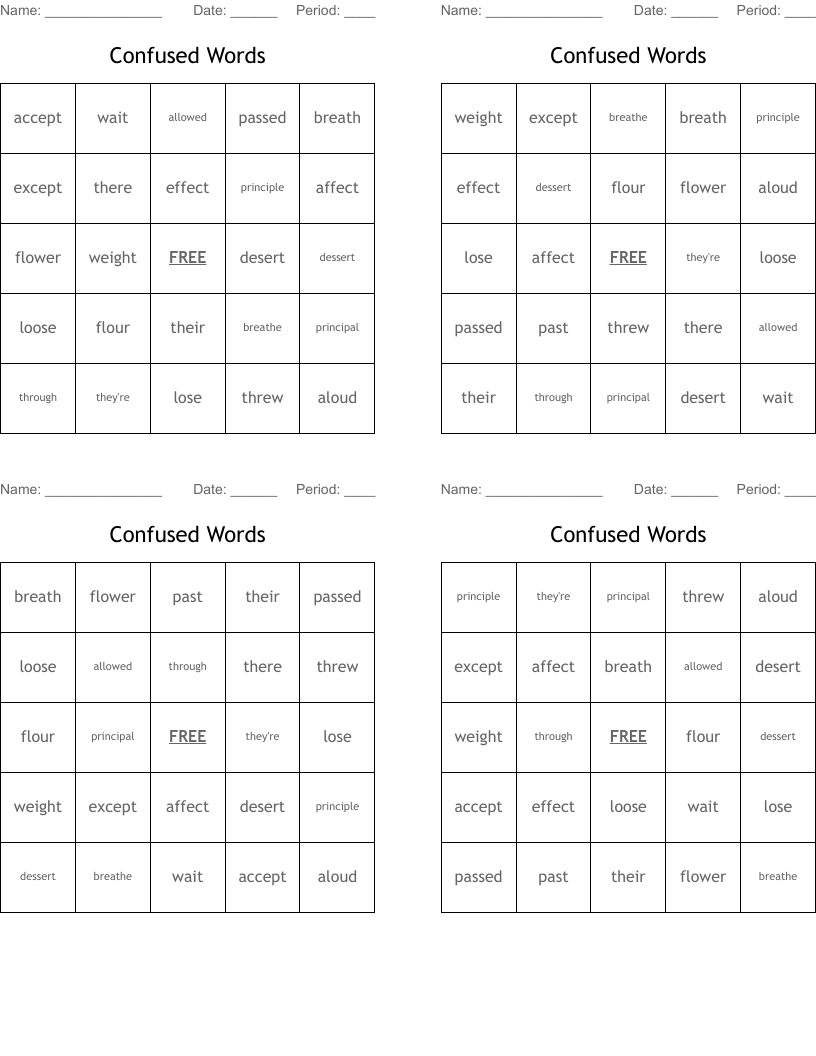 Confused Words                                                                     Bingo Cards