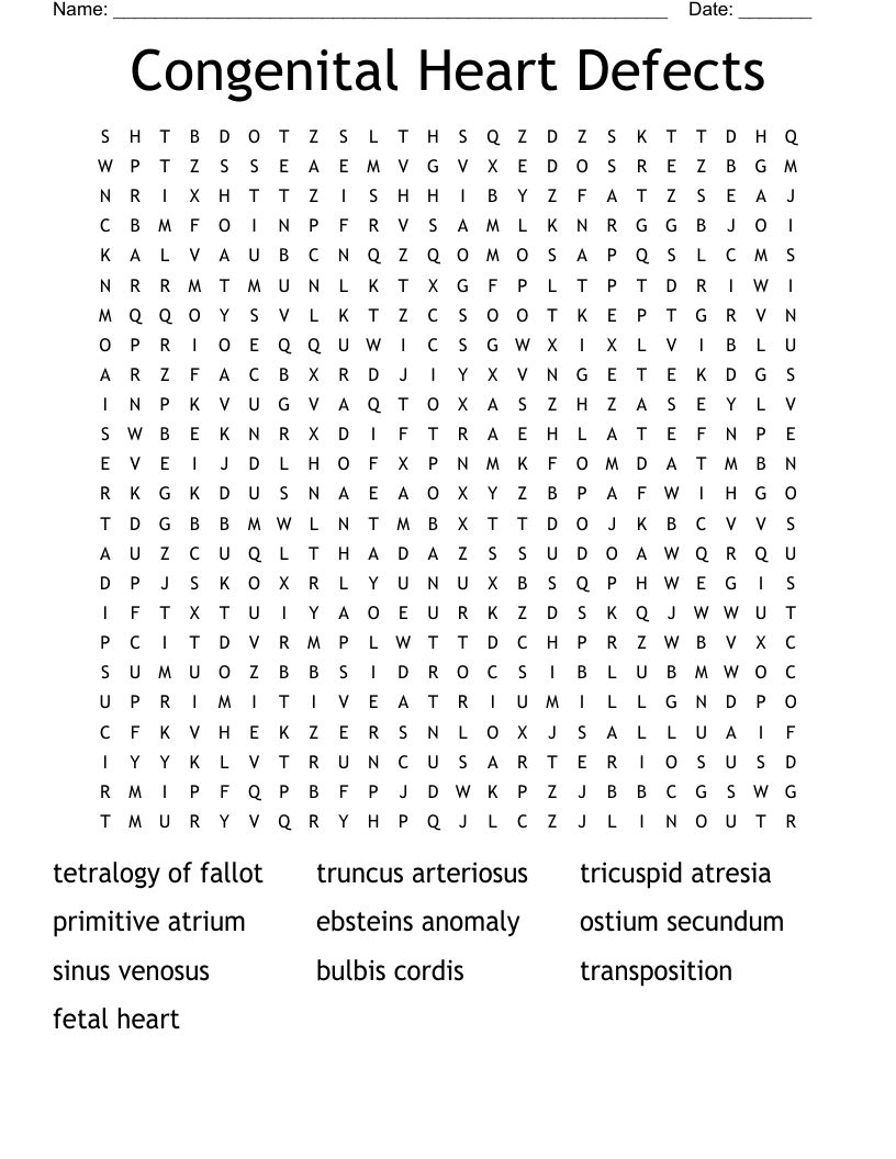 Congenital Heart Defects Word Search