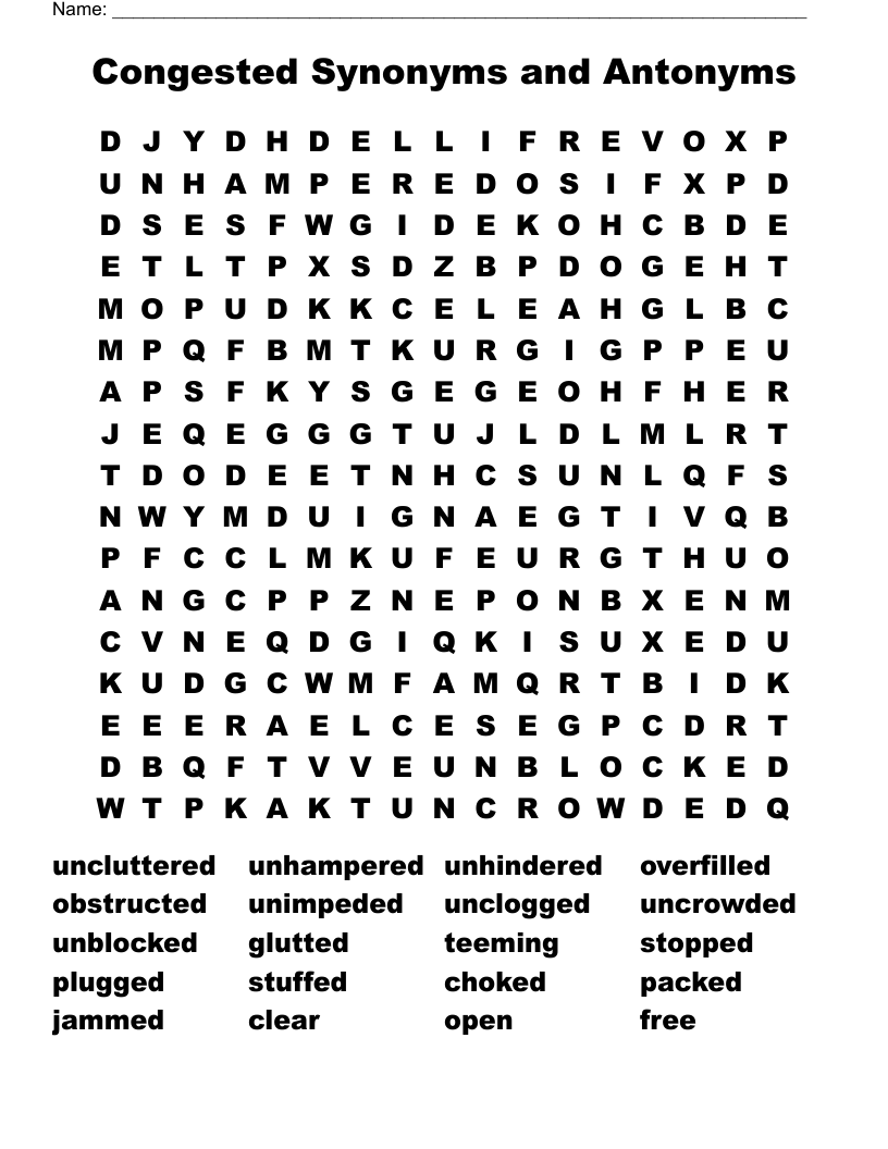 Congested Synonyms and Antonyms Word Search