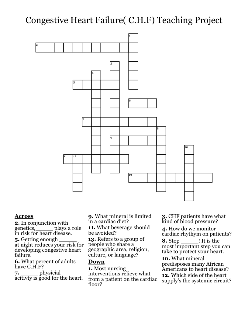 Congestive Heart Failure( C.H.F) Teaching Project Crossword
