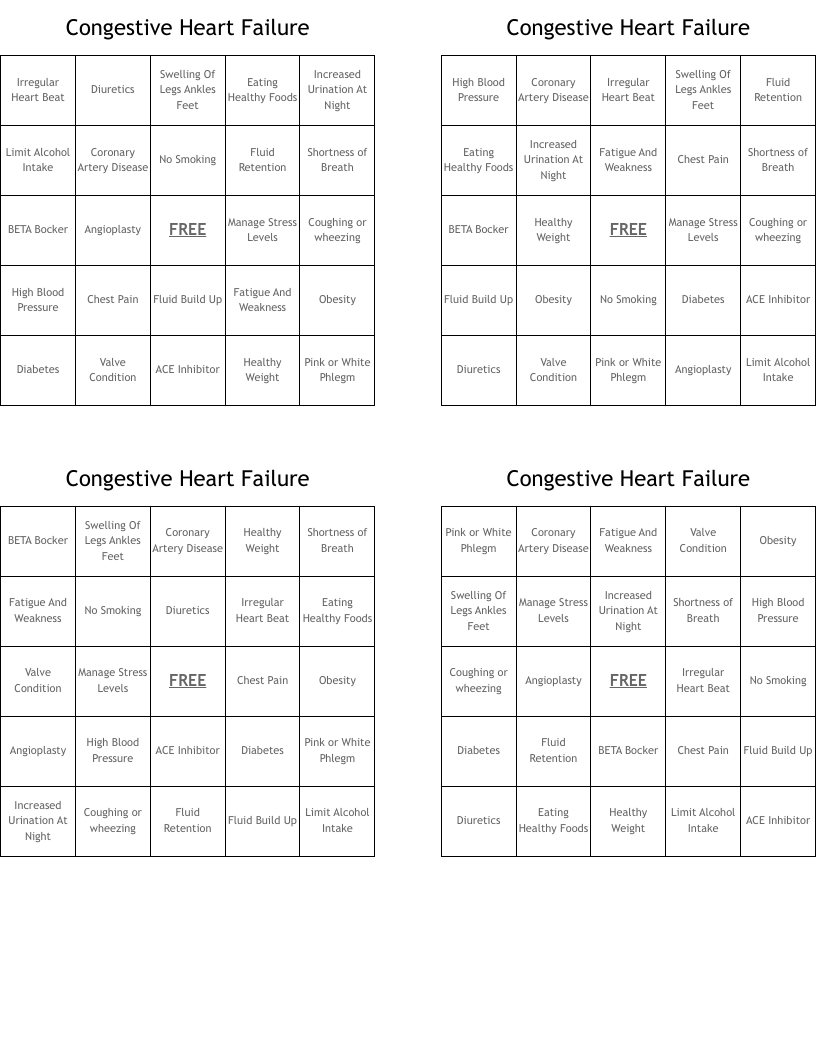 Congestive Heart Failure  Bingo Cards