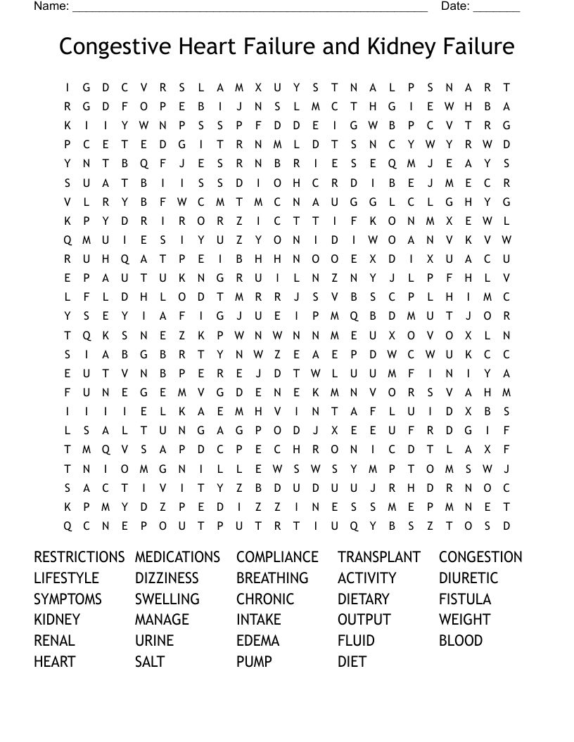 Congestive Heart Failure and Kidney Failure Word Search