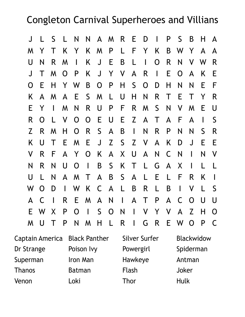 Congleton Carnival Superheroes and Villians  Word Search