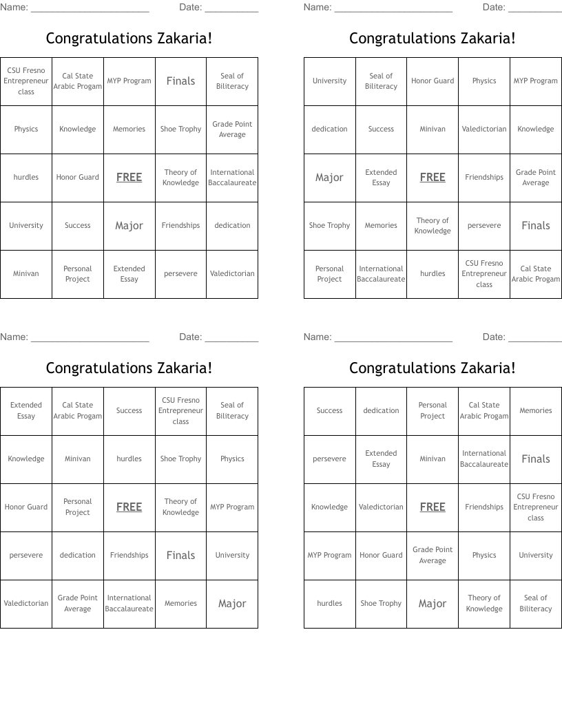 Congratulations Zakaria! Bingo Cards