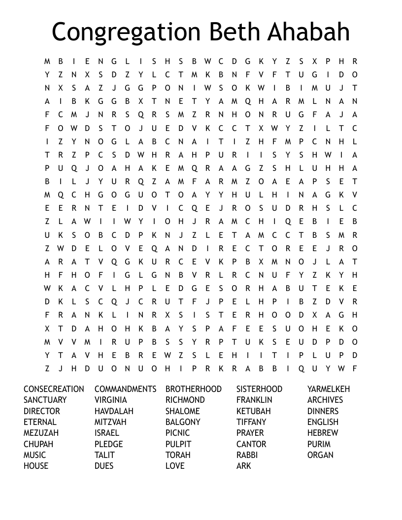 Congregation Beth Ahabah Word Search