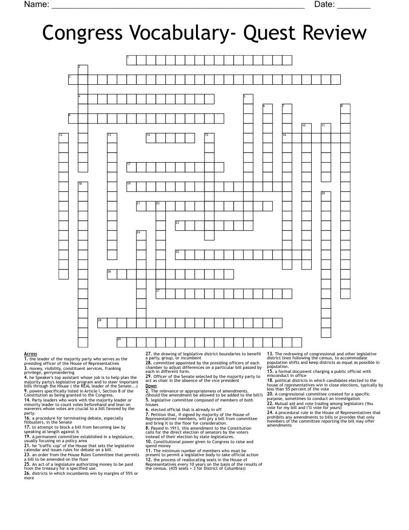 Congress Vocabulary- Quest Review Crossword