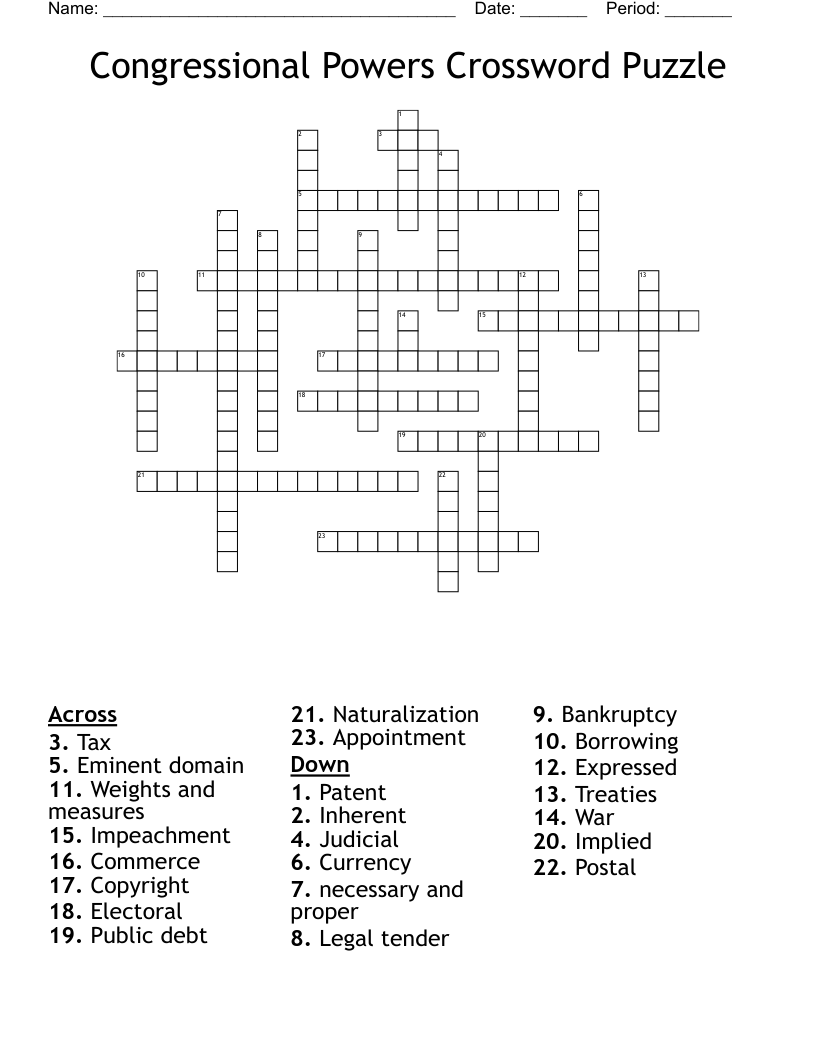 Congressional Powers Crossword Puzzle 