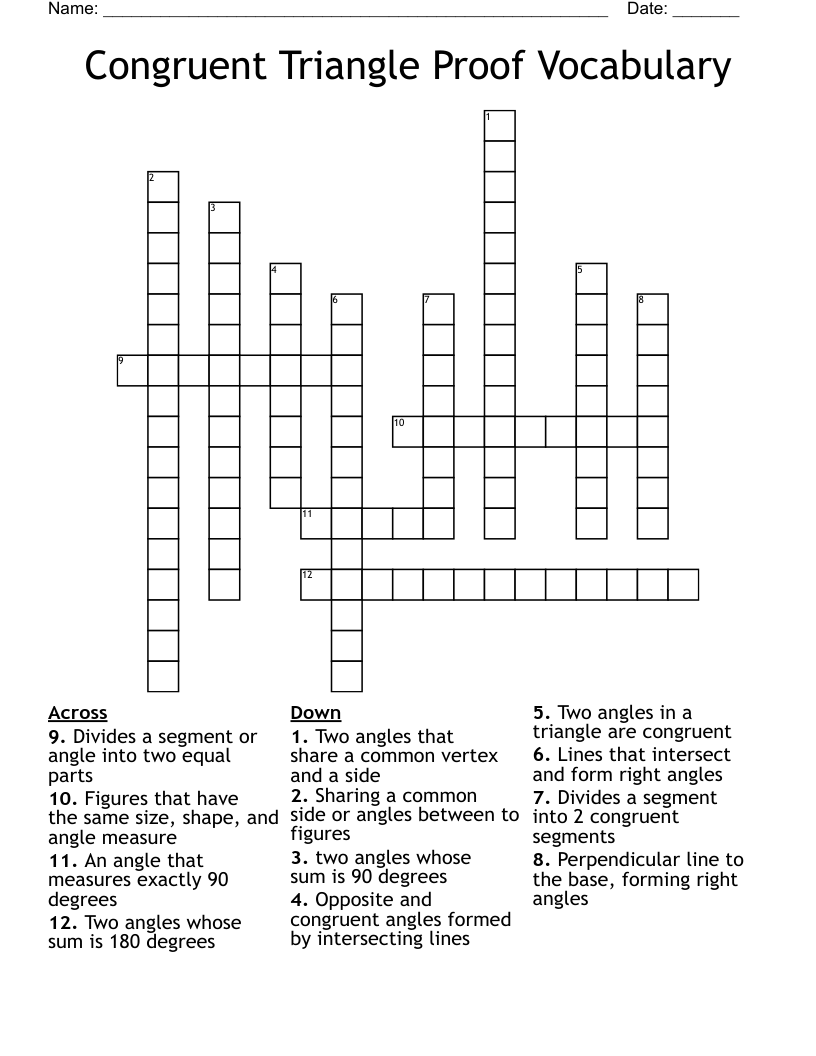 Congruent Triangle Proof Vocabulary Crossword