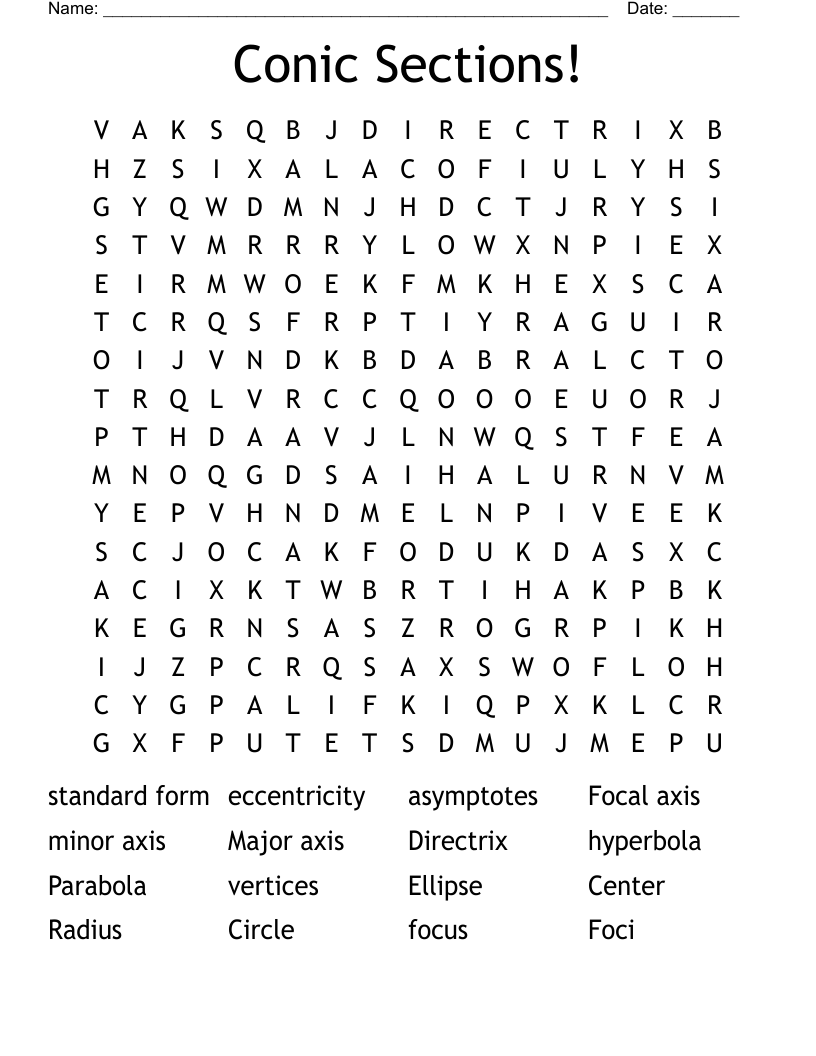 Conic Sections! Word Search
