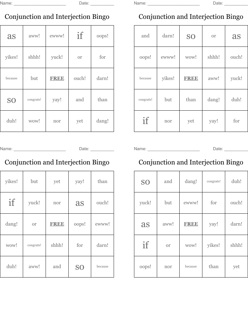 Conjunction and Interjection Bingo