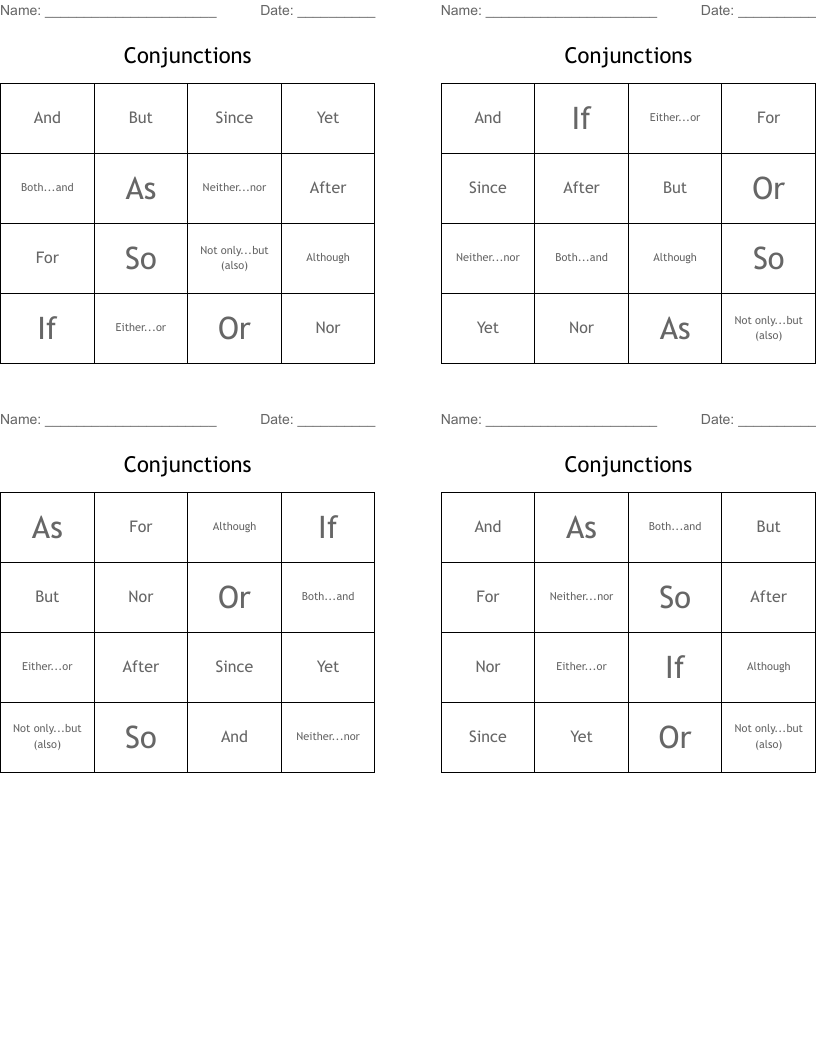 Conjunctions  Bingo Cards