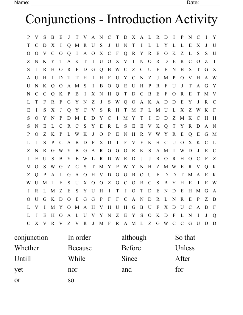 Conjunctions - Introduction Activity Word Search
