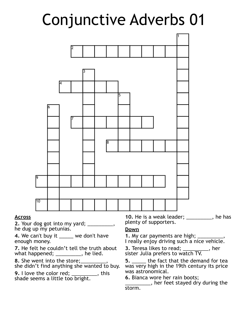 Conjunctive Adverbs 01 Crossword
