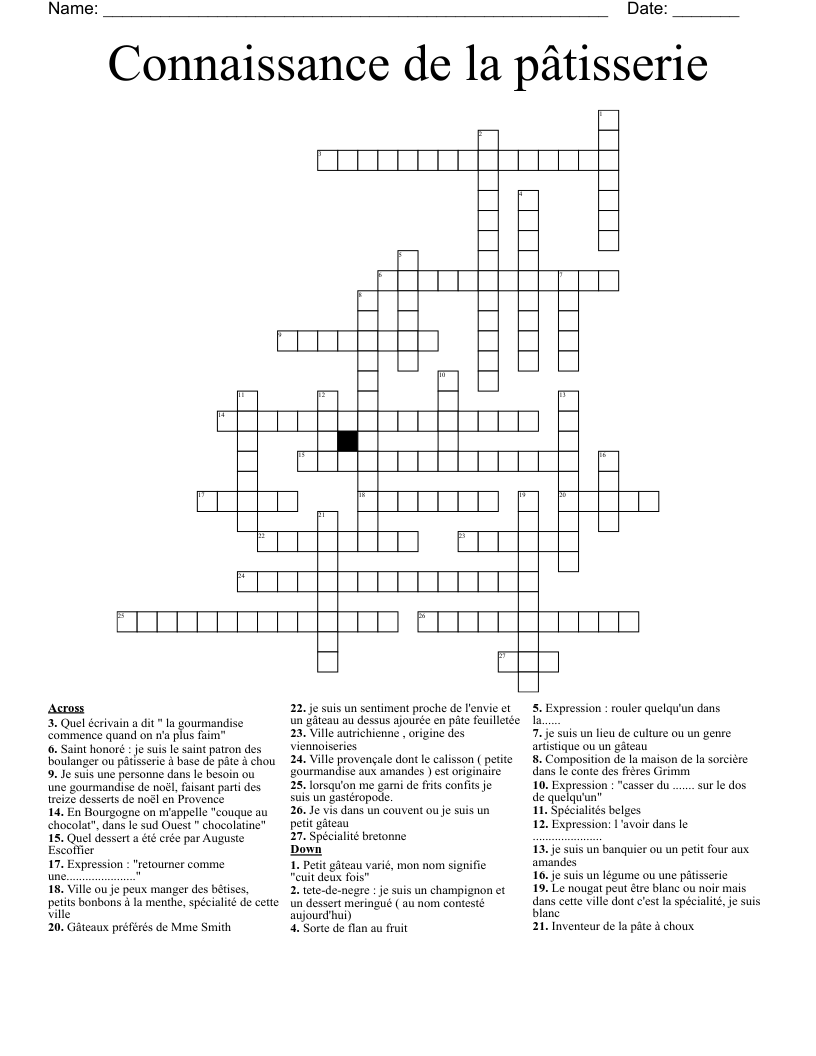Connaissance de la pâtisserie Crossword