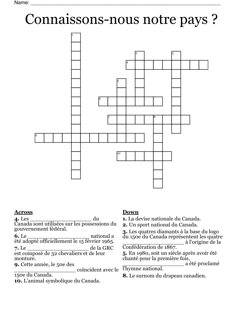 Connaissons-nous notre pays ? Crossword