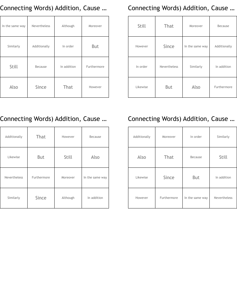 Connecting Words) Addition, Cause & Effect, Comparison, Contrast  Bingo Cards