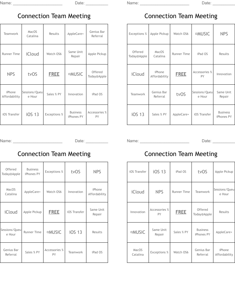Connection Team Meeting Bingo Cards