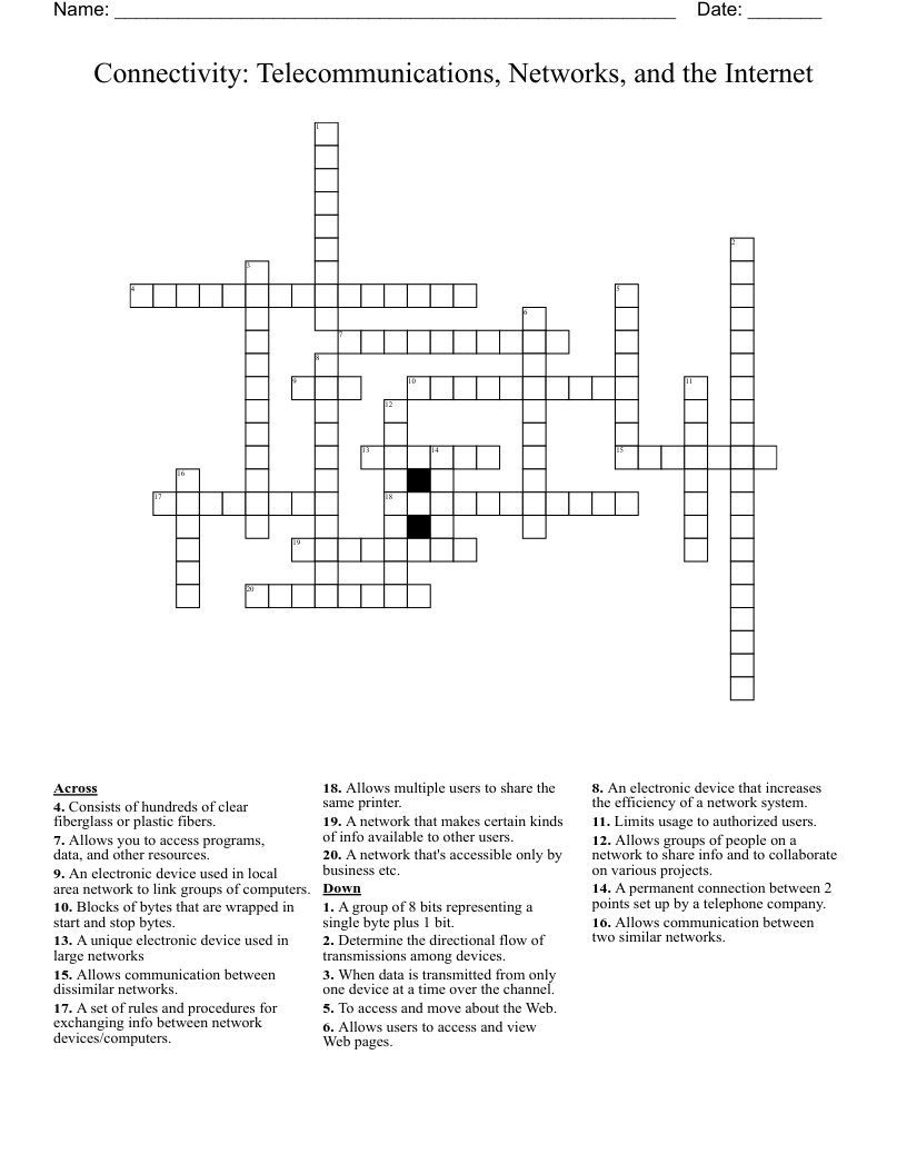 Connectivity: Telecommunications, Networks, and the Internet Crossword