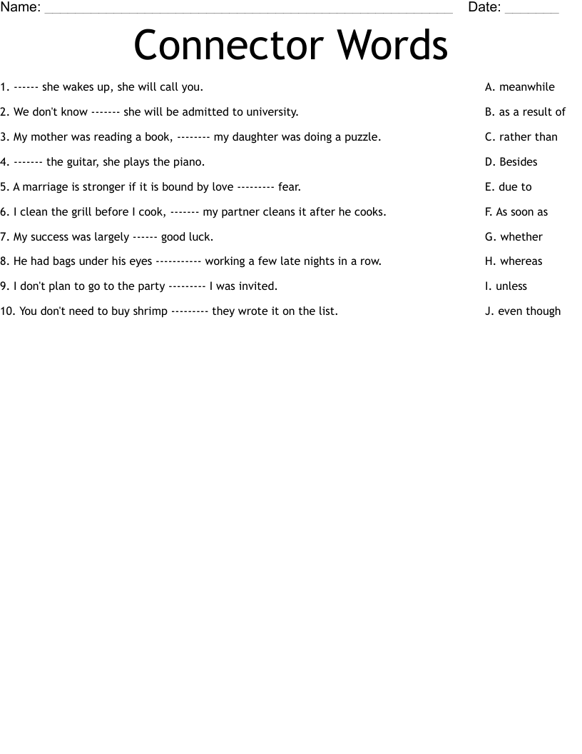 Connector Words Worksheet
