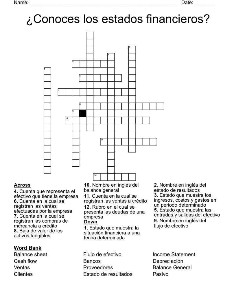 ¿Conoces los estados financieros?  Crossword