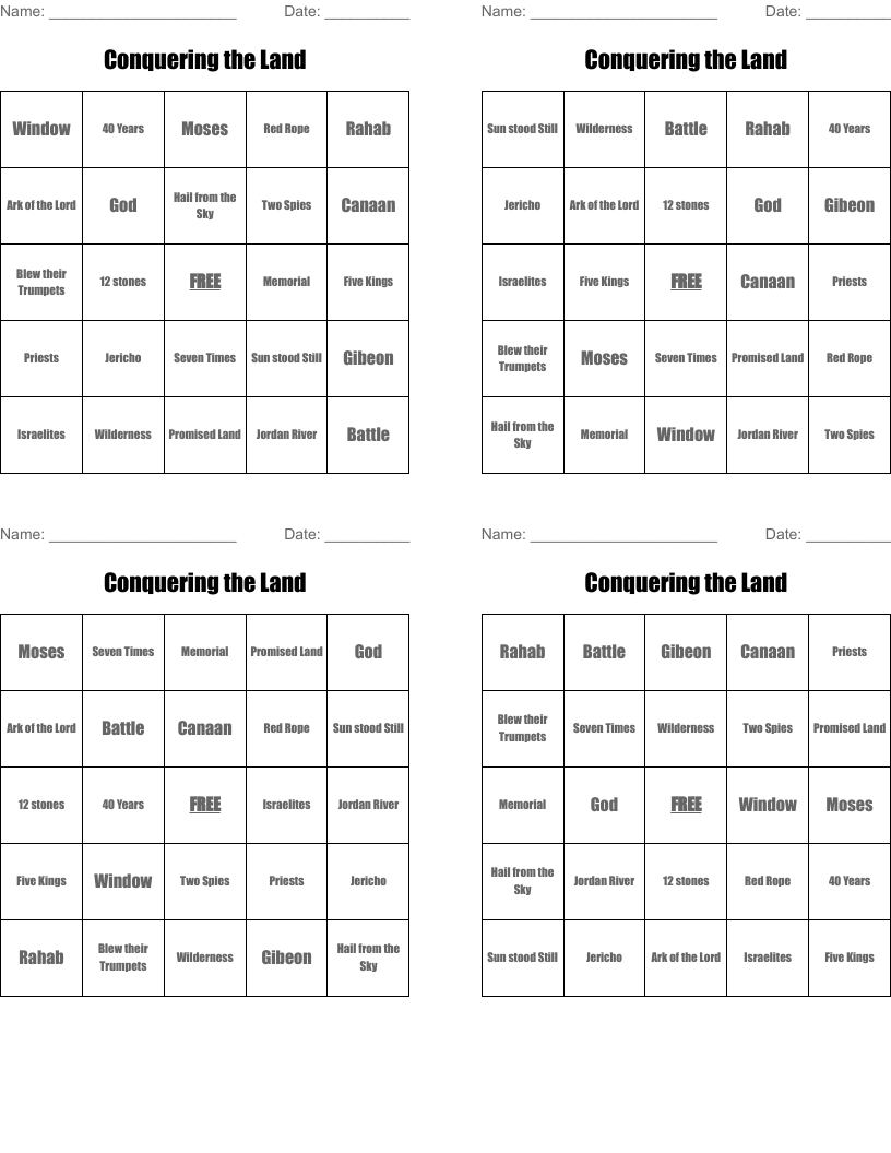 Conquering the Land Bingo Cards
