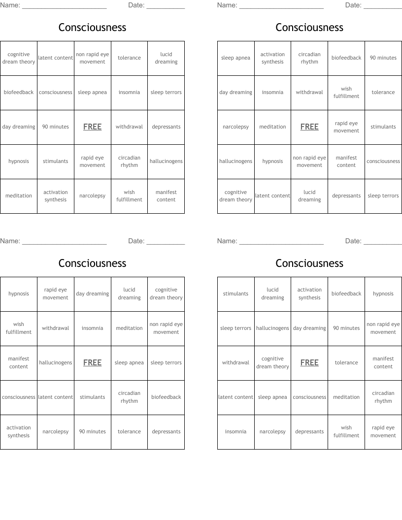 Consciousness Bingo Cards