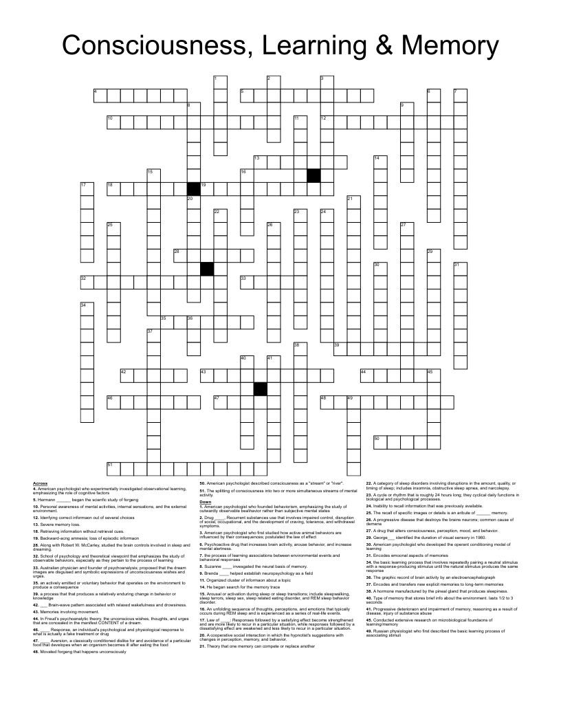 Consciousness, Learning & Memory  Crossword
