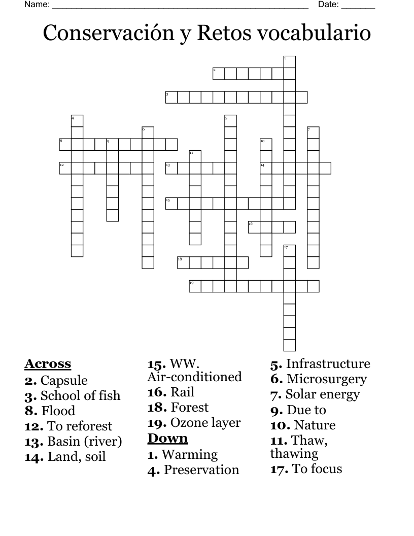 Conservación y Retos vocabulario Crossword
